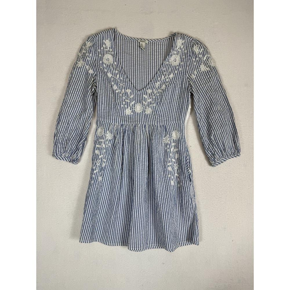 Forever 21 Embroidered Striped Mini Dress Womens S Blue White Floral Boho